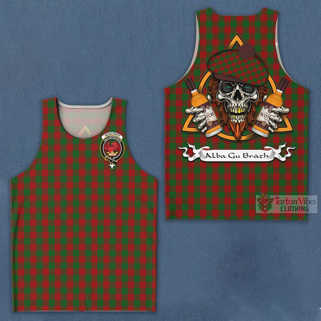 Tartan Vibes Clothing Moncrieff (Moncreiffe) Tartan Men's Tank Top with Family Crest and Bearded Skull Holding Bottles of Whiskey