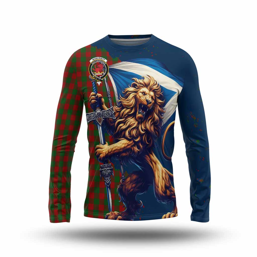 Tartan Vibes Clothing Moncrieff (Moncreiffe) Tartan Family Crest Long Sleeve T-Shirt with Scottish Majestic Lion