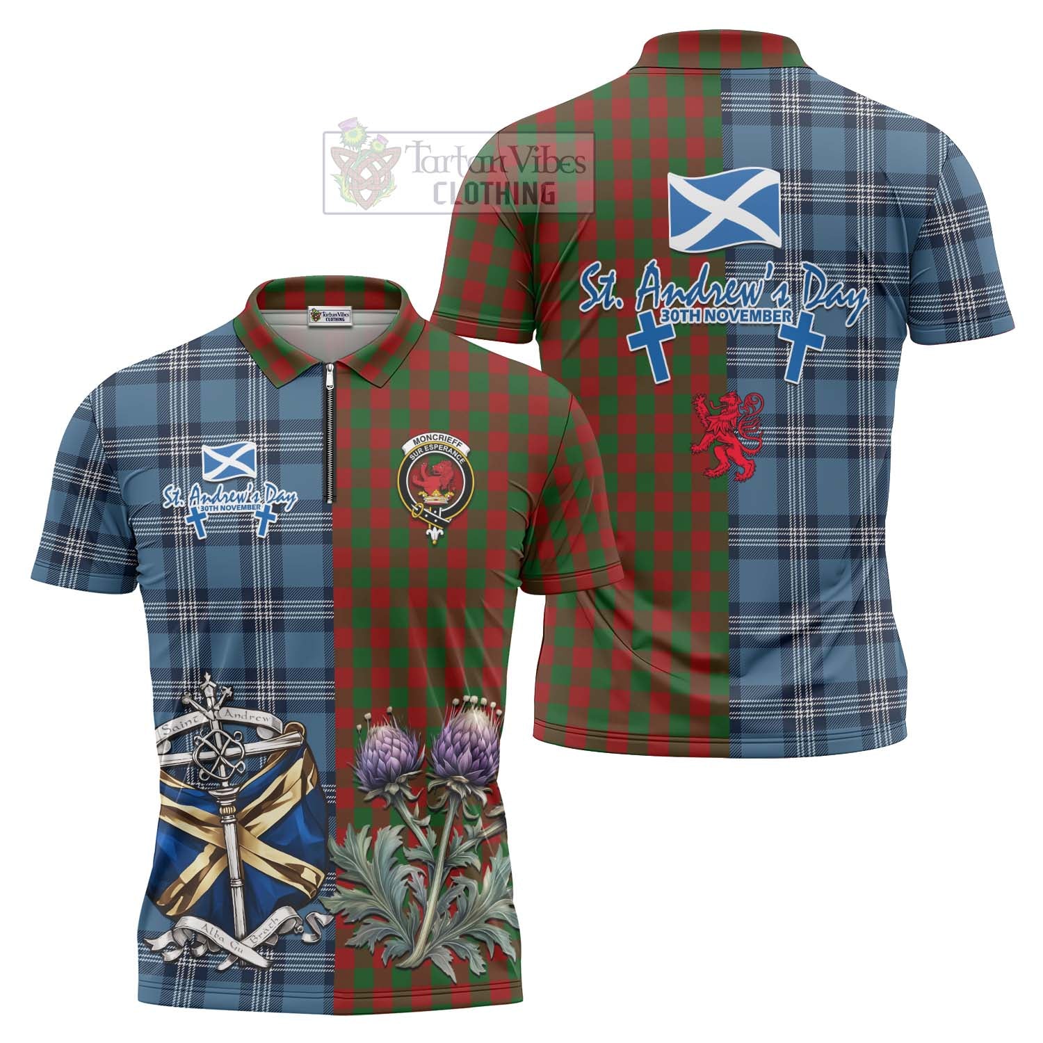 Tartan Vibes Clothing Moncrieff (Moncreiffe) Tartan Zipper Polo Shirt Happy St. Andrew's Day Half Tartan Style