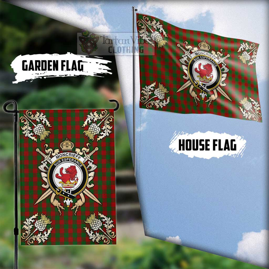 Tartan Vibes Clothing Moncrieff (Moncreiffe) Tartan Flag with Family Crest and Golden Thistle Crossed Sword Design