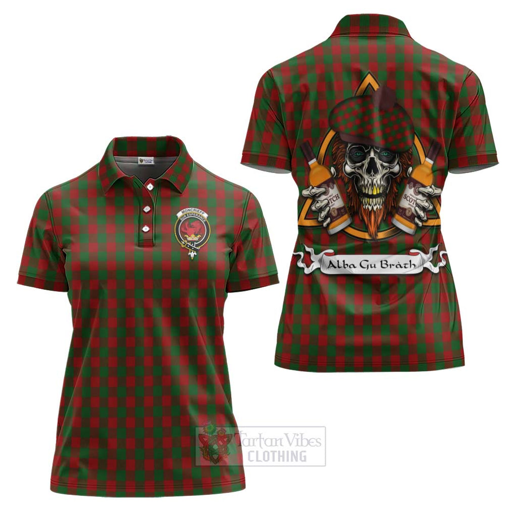 Tartan Vibes Clothing Moncrieff (Moncreiffe) Tartan Women's Polo Shirt with Family Crest and Bearded Skull Holding Bottles of Whiskey