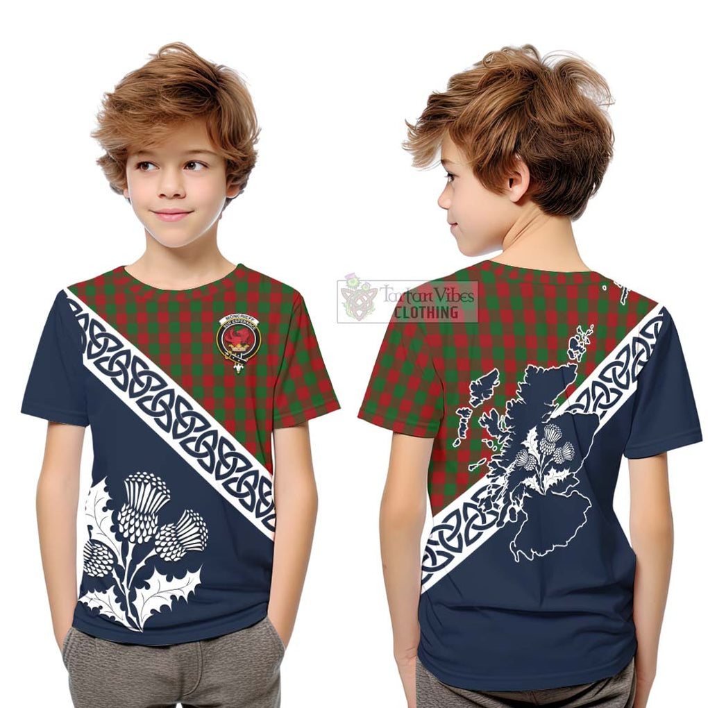 Tartan Vibes Clothing Moncrieff (Moncreiffe) Tartan Kid T-Shirt Featuring Thistle and Scotland Map