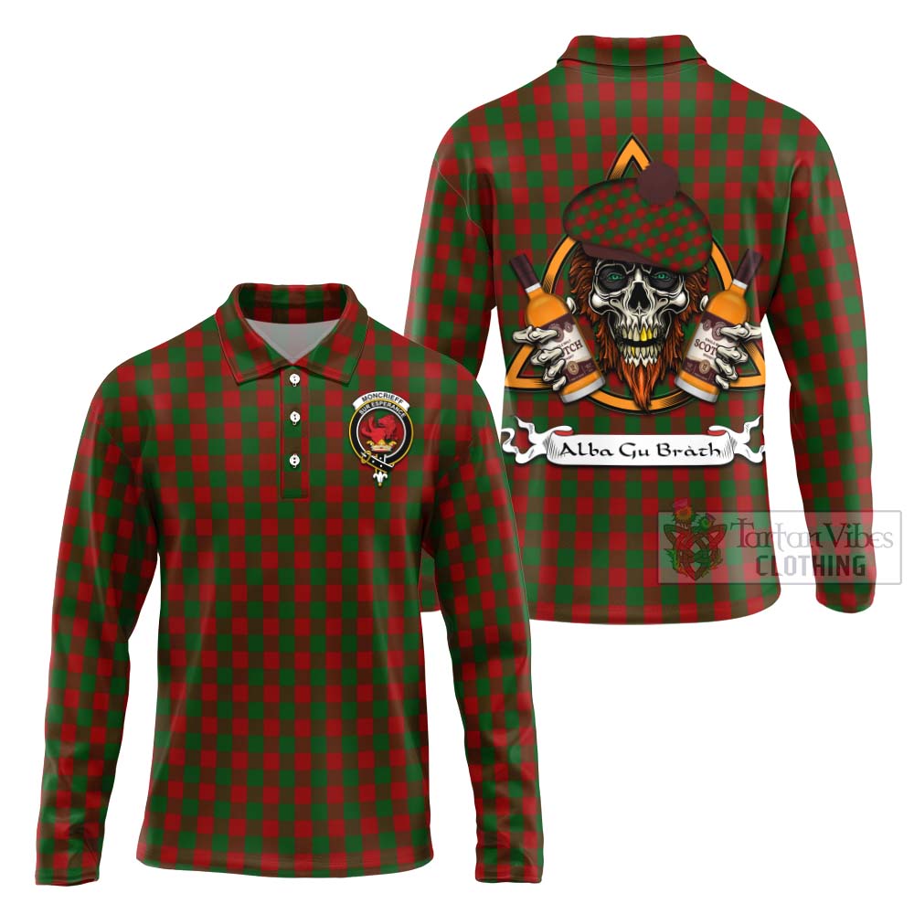 Tartan Vibes Clothing Moncrieff (Moncreiffe) Tartan Long Sleeve Polo Shirt with Family Crest and Bearded Skull Holding Bottles of Whiskey