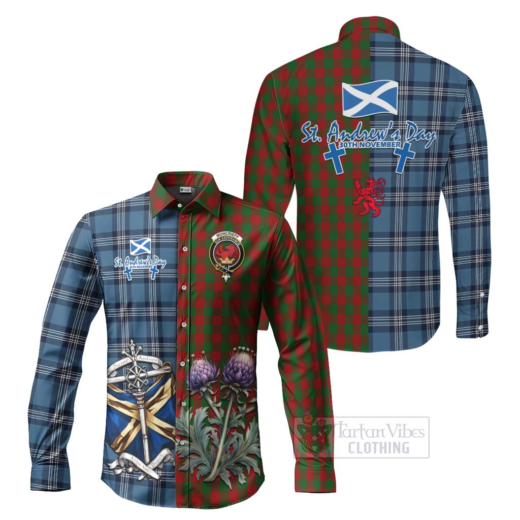 Tartan Vibes Clothing Moncrieff (Moncreiffe) Tartan Long Sleeve Button Shirt Happy St. Andrew's Day Half Tartan Style