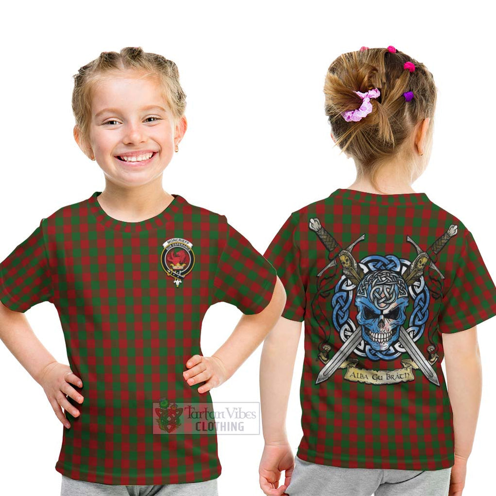 Tartan Vibes Clothing Moncrieff (Moncreiffe) Tartan Kid T-Shirt with Family Crest Celtic Skull Style