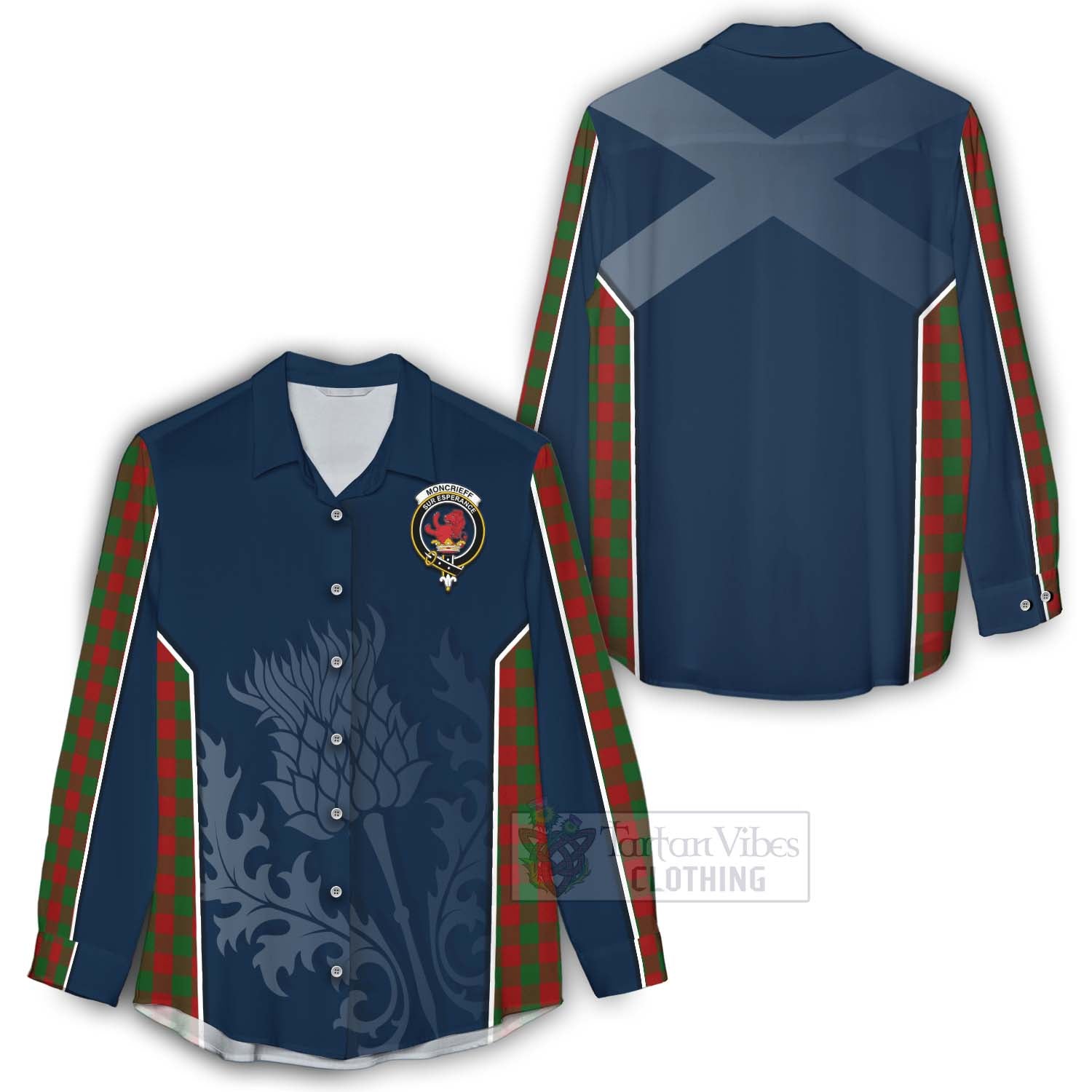 Tartan Vibes Clothing Moncrieff (Moncreiffe) Tartan Women's Casual Shirt with Family Crest and Scottish Thistle Vibes Sport Style