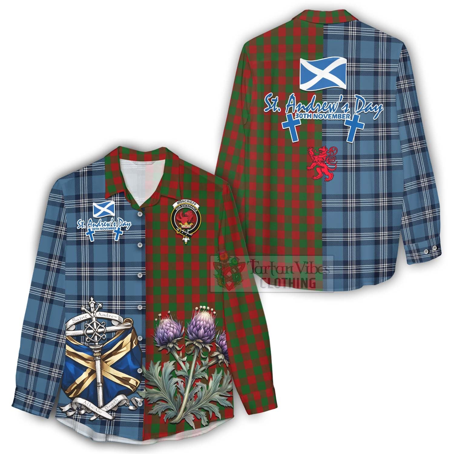 Tartan Vibes Clothing Moncrieff (Moncreiffe) Tartan Women's Casual Shirt Happy St. Andrew's Day Half Tartan Style