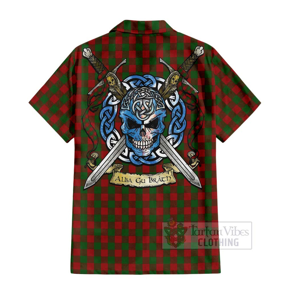 Tartan Vibes Clothing Moncrieff (Moncreiffe) Tartan Short Sleeve Button Shirt with Family Crest Celtic Skull Style