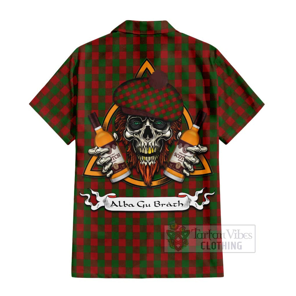 Tartan Vibes Clothing Moncrieff (Moncreiffe) Tartan Short Sleeve Button Shirt with Family Crest and Bearded Skull Holding Bottles of Whiskey