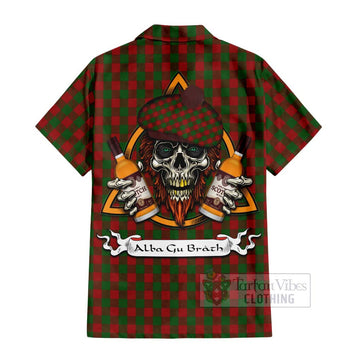 Moncrieff (Moncreiffe) Tartan Short Sleeve Button Shirt with Family Crest and Bearded Skull Holding Bottles of Whiskey