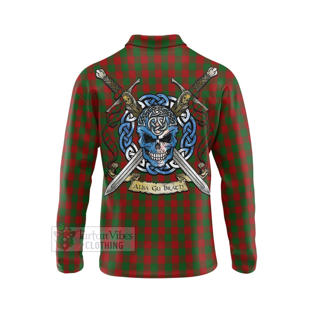 Tartan Vibes Clothing Moncrieff (Moncreiffe) Tartan Long Sleeve Polo Shirt with Family Crest Celtic Skull Style