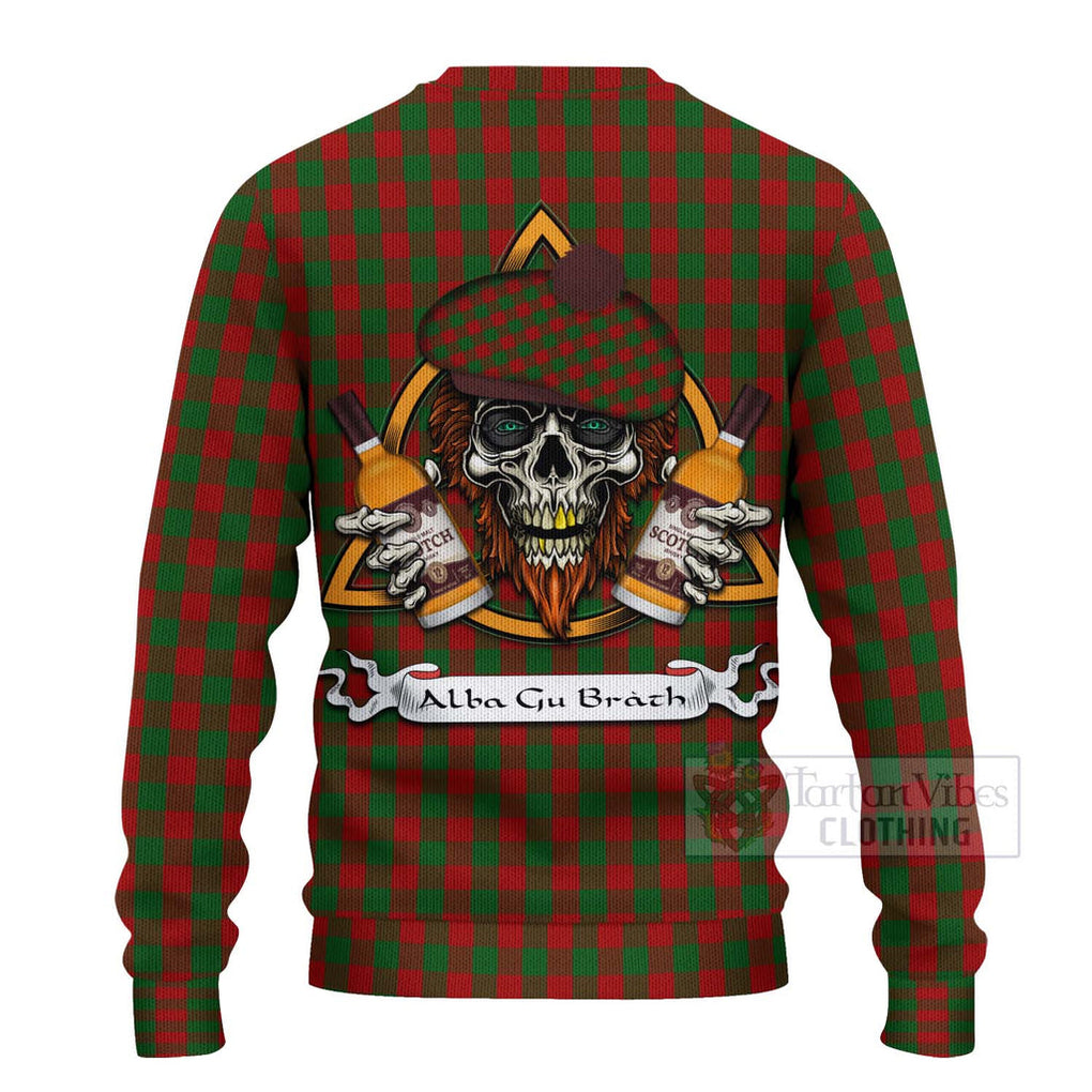 Tartan Vibes Clothing Moncrieff (Moncreiffe) Tartan Knitted Sweater with Family Crest and Bearded Skull Holding Bottles of Whiskey