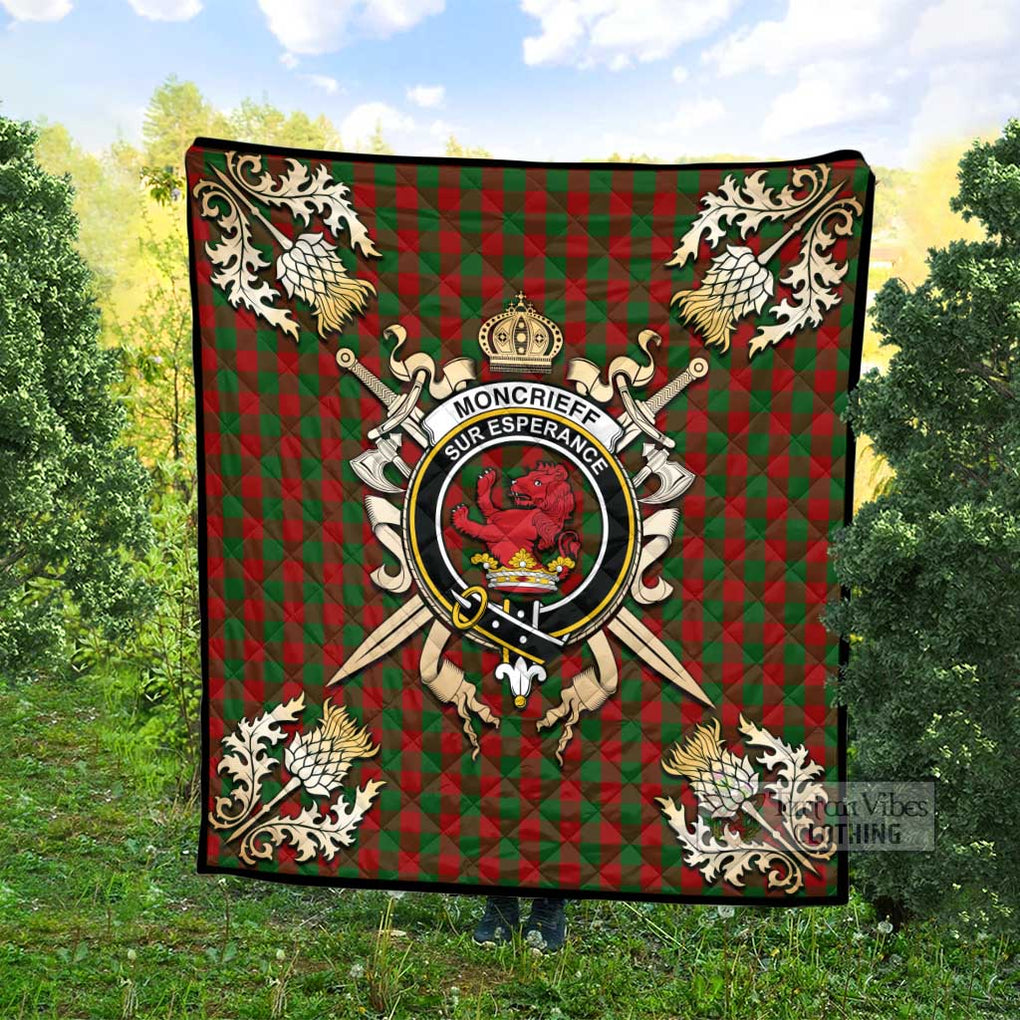 Tartan Vibes Clothing Moncrieff (Moncreiffe) Tartan Quilt with Family Crest and Scottish Golden Courage Shield