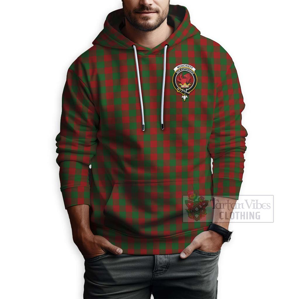 Tartan Vibes Clothing Moncrieff (Moncreiffe) Tartan Hoodie with Family Crest and Bearded Skull Holding Bottles of Whiskey