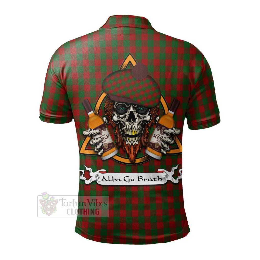 Tartan Vibes Clothing Moncrieff (Moncreiffe) Tartan Polo Shirt with Family Crest and Bearded Skull Holding Bottles of Whiskey