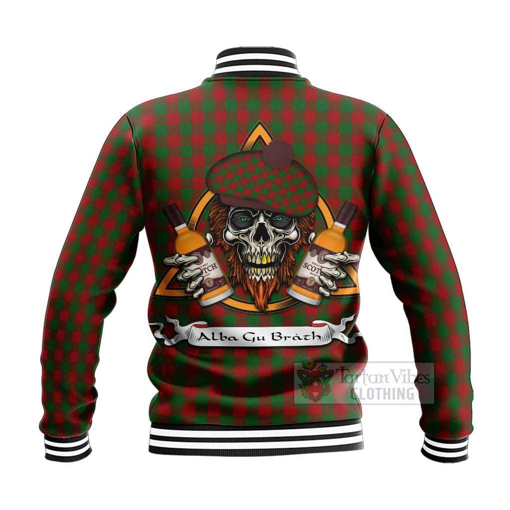 Tartan Vibes Clothing Moncrieff (Moncreiffe) Tartan Baseball Jacket with Family Crest and Bearded Skull Holding Bottles of Whiskey