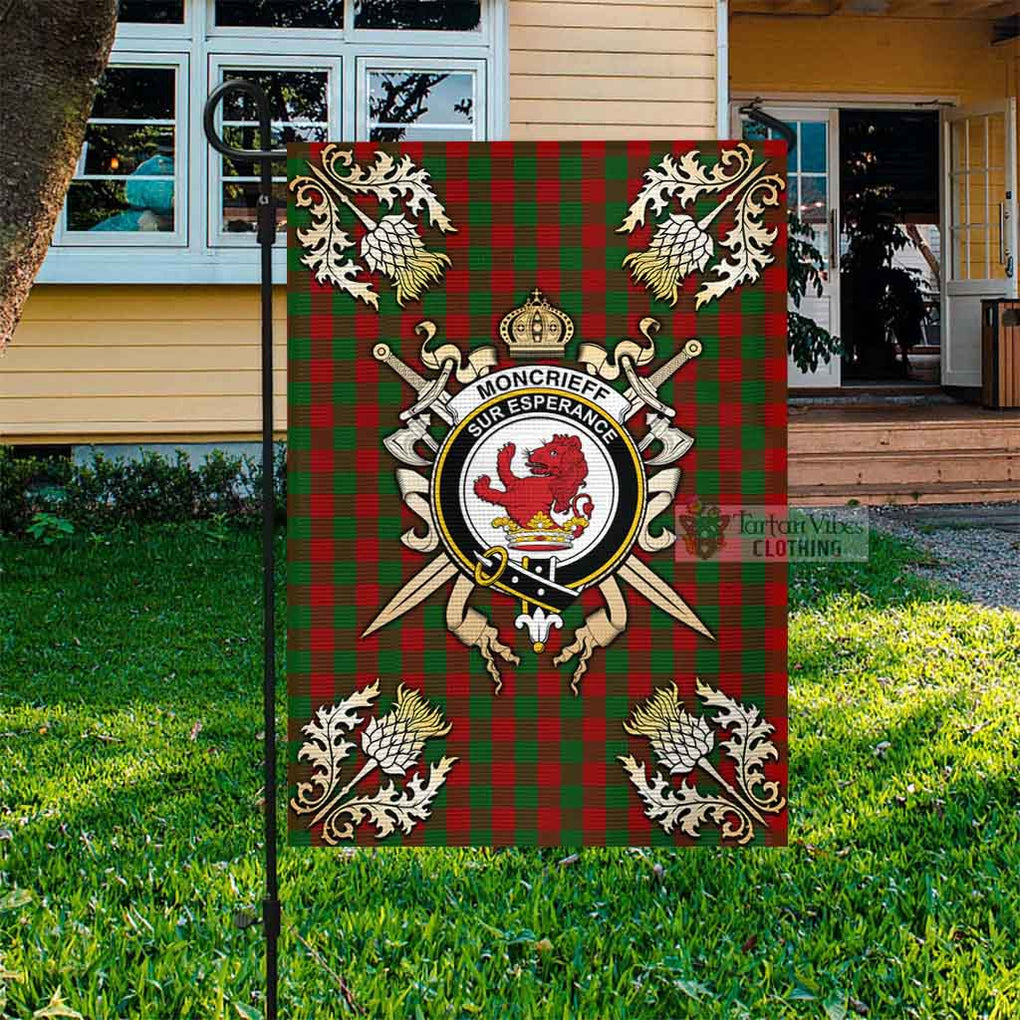 Tartan Vibes Clothing Moncrieff (Moncreiffe) Tartan Flag with Family Crest and Golden Thistle Crossed Sword Design