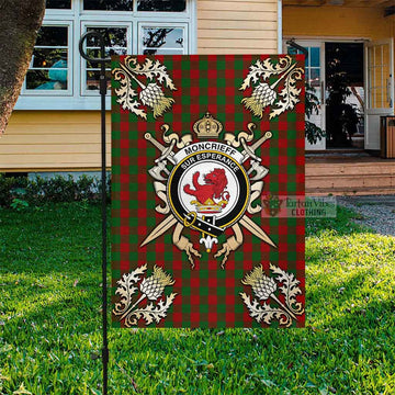 Moncrieff (Moncreiffe) Tartan Flag with Family Crest and Golden Thistle Crossed Sword Design