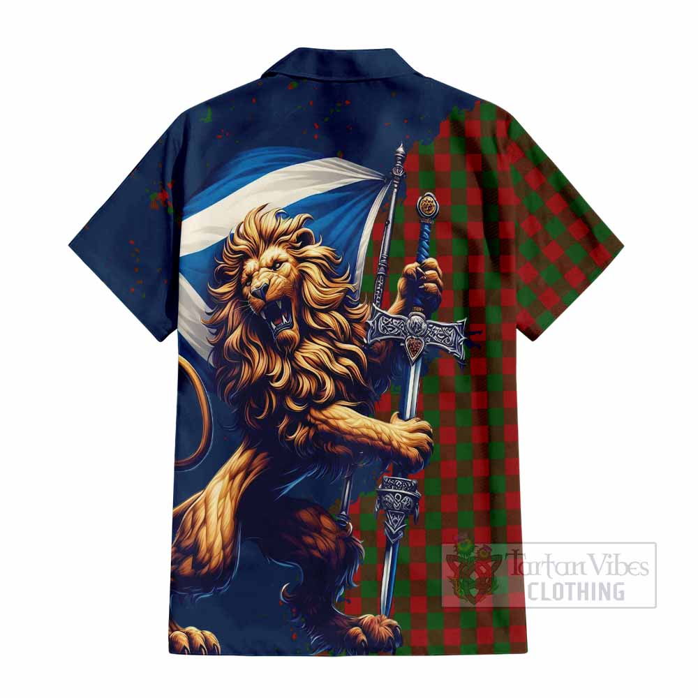 Tartan Vibes Clothing Moncrieff (Moncreiffe) Tartan Family Crest Short Sleeve Button Shirt with Scottish Majestic Lion