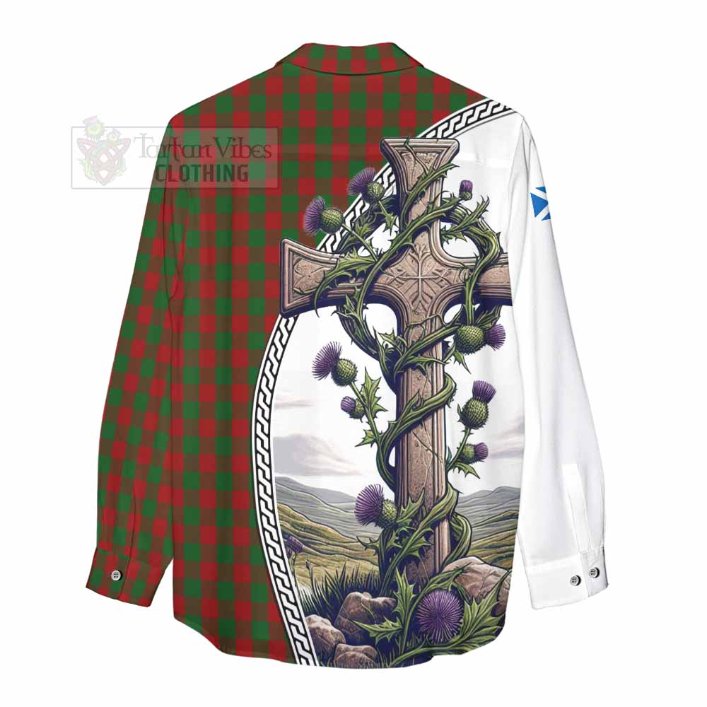 Tartan Vibes Clothing Moncrieff (Moncreiffe) Tartan Women's Casual Shirt with Family Crest and St. Andrew's Cross Accented by Thistle Vines