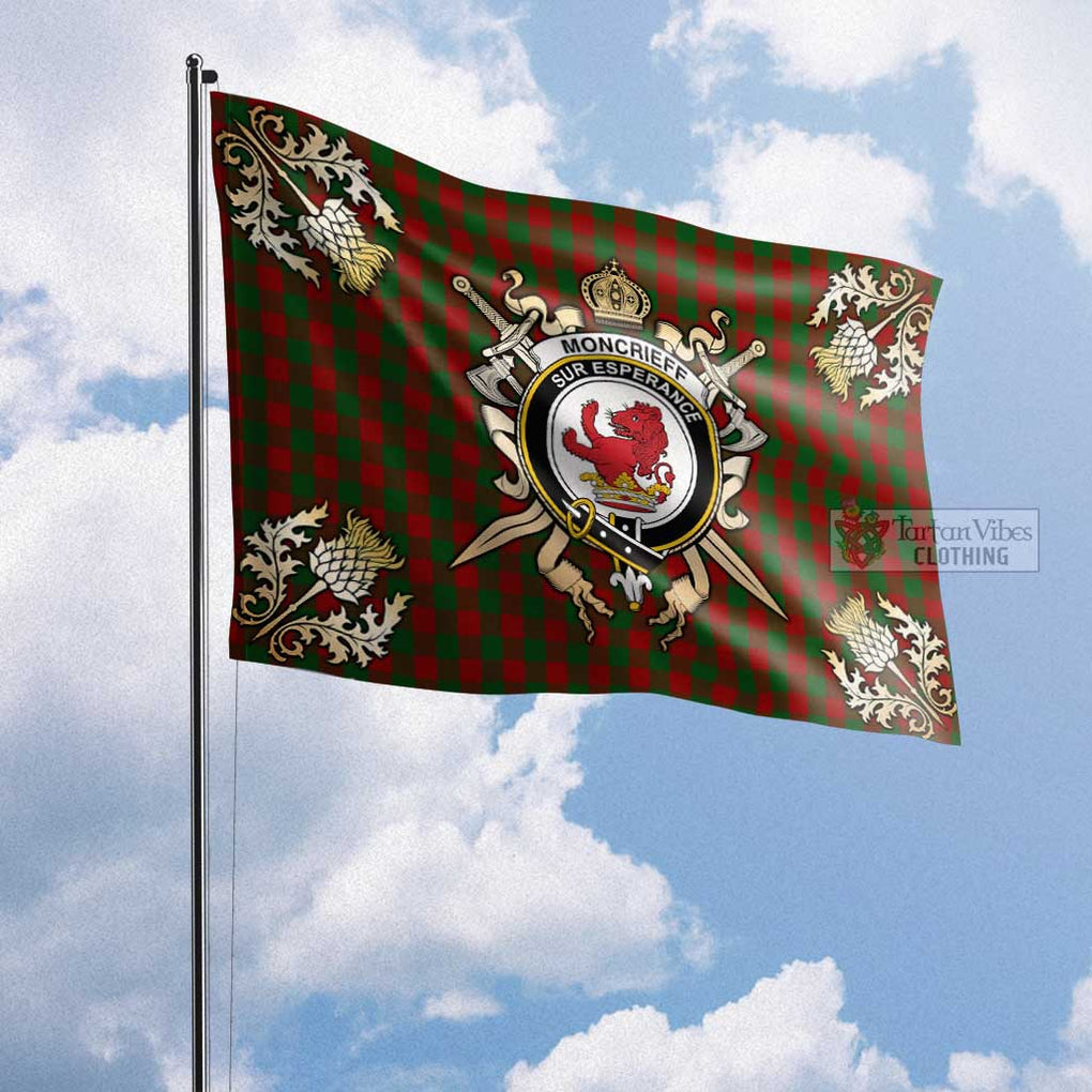 Tartan Vibes Clothing Moncrieff (Moncreiffe) Tartan Flag with Family Crest and Golden Thistle Crossed Sword Design