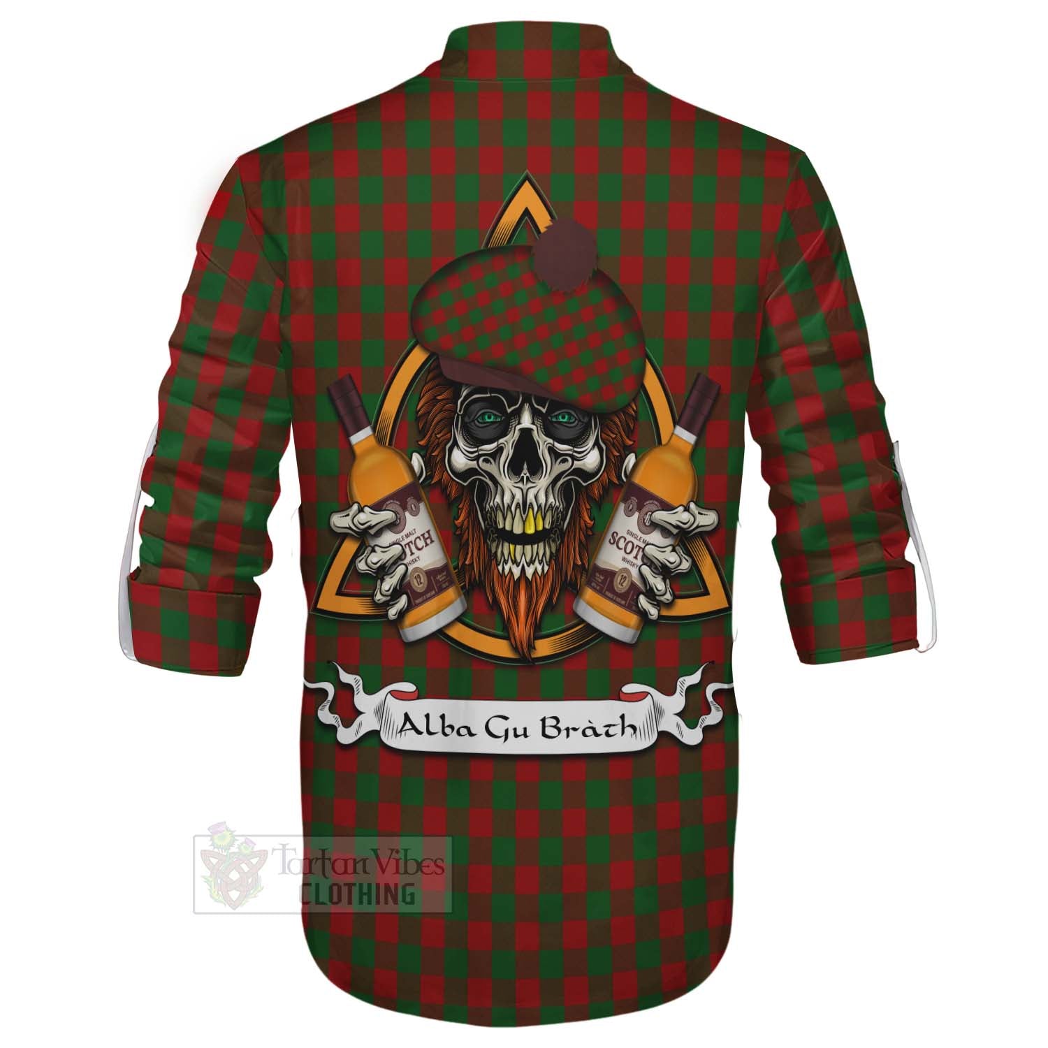 Tartan Vibes Clothing Moncrieff (Moncreiffe) Tartan Ghillie Kilt Shirt with Family Crest and Bearded Skull Holding Bottles of Whiskey