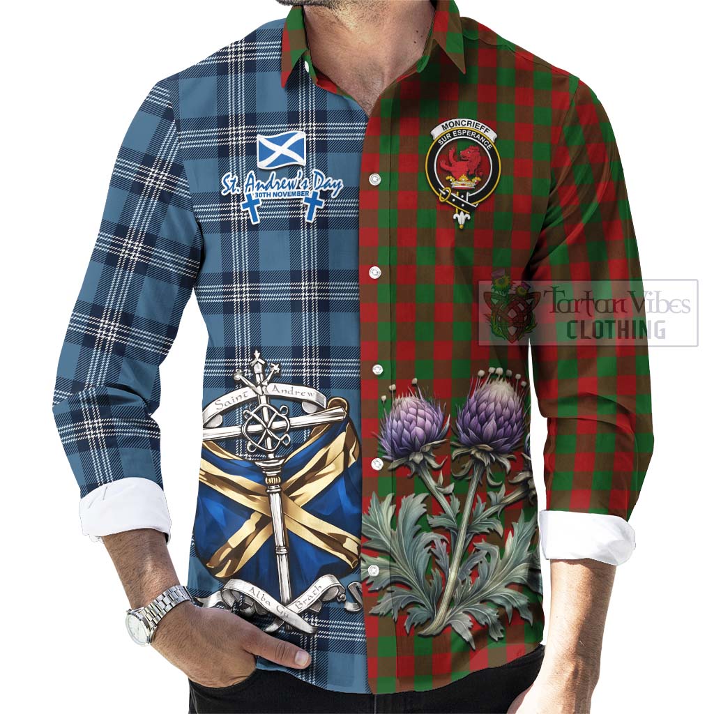 Tartan Vibes Clothing Moncrieff (Moncreiffe) Tartan Long Sleeve Button Shirt Happy St. Andrew's Day Half Tartan Style