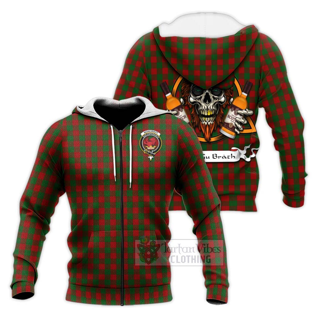 Tartan Vibes Clothing Moncrieff (Moncreiffe) Tartan Knitted Hoodie with Family Crest and Bearded Skull Holding Bottles of Whiskey