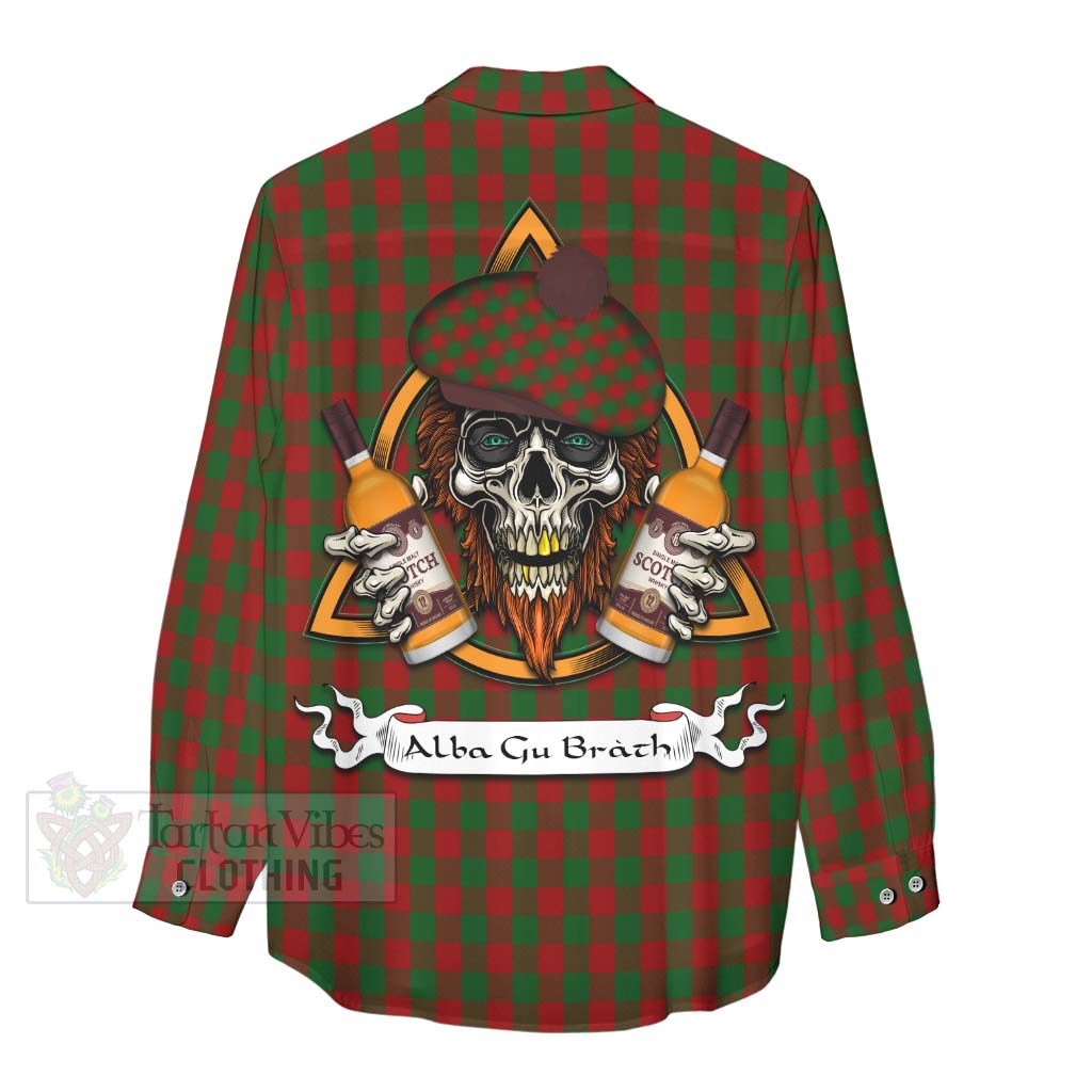 Tartan Vibes Clothing Moncrieff (Moncreiffe) Tartan Women's Casual Shirt with Family Crest and Bearded Skull Holding Bottles of Whiskey