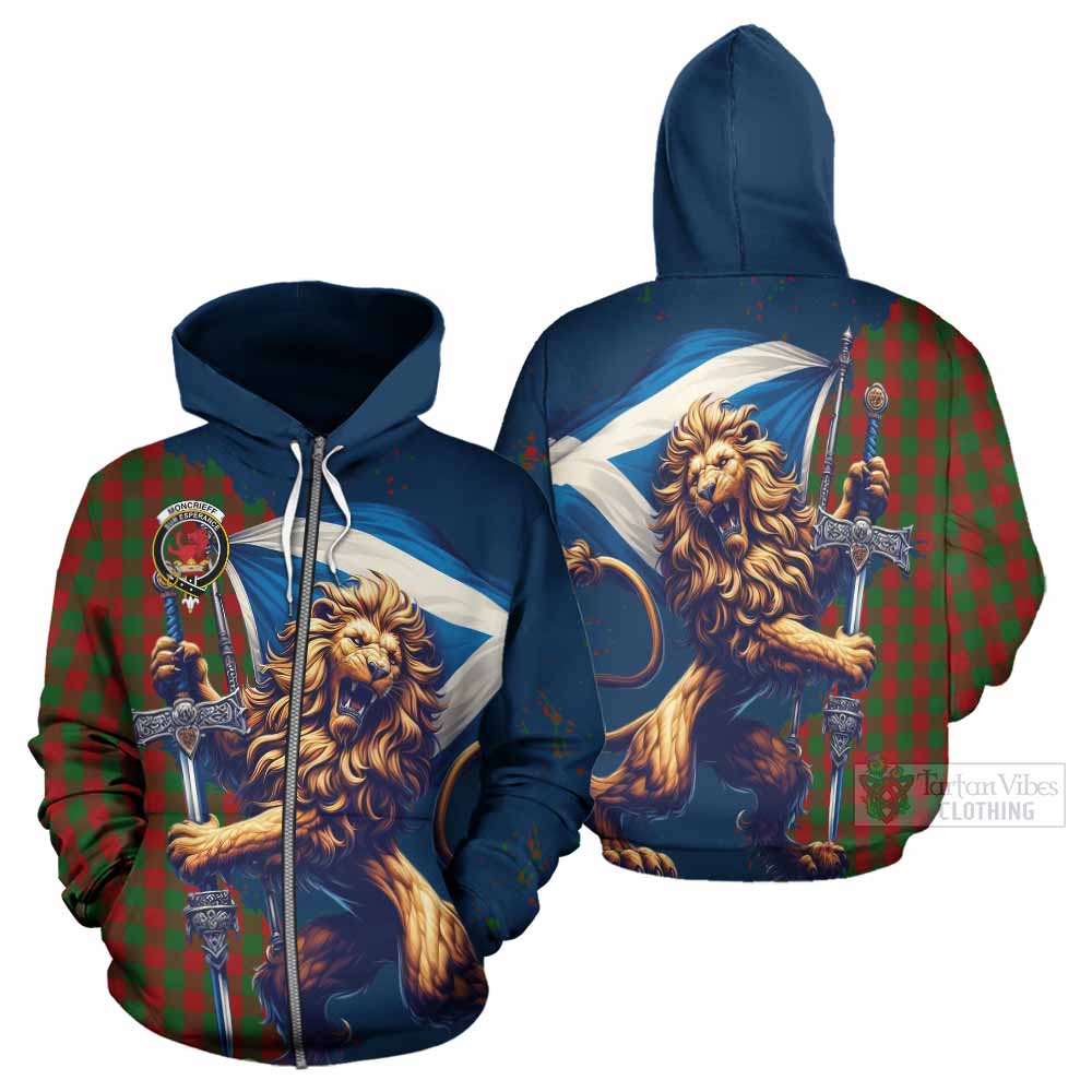 Tartan Vibes Clothing Moncrieff (Moncreiffe) Tartan Family Crest Hoodie with Scottish Majestic Lion