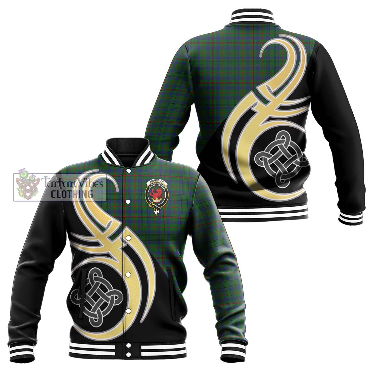 Moncrieff of Atholl Tartan Baseball Jacket with Family Crest and Celtic Symbol Style Unisex - Tartan Vibes Clothing