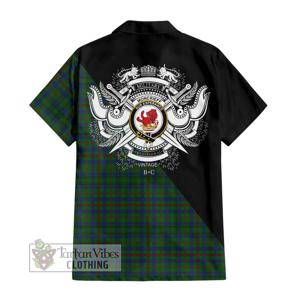 Moncrieff of Atholl Tartan Short Sleeve Button Shirt with Family Crest and Military Logo Style - Tartanvibesclothing Shop