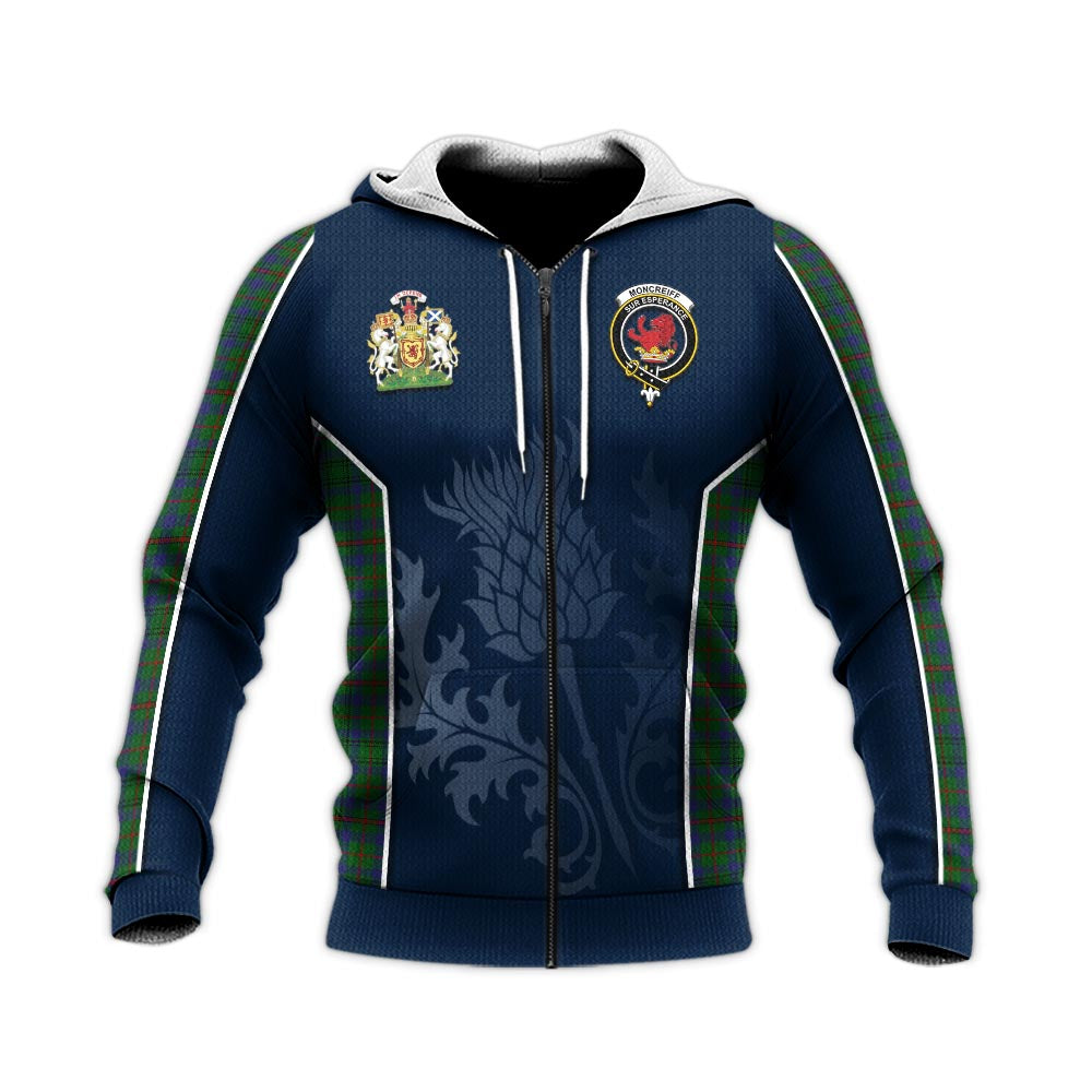 Tartan Vibes Clothing Moncrieff of Atholl Tartan Knitted Hoodie with Family Crest and Scottish Thistle Vibes Sport Style