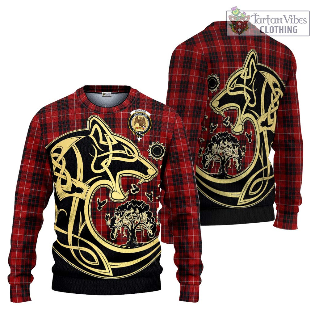 Monroe Black and Red Tartan Knitted Sweater with Family Crest Celtic Wolf Style Unisex - Tartan Vibes Clothing