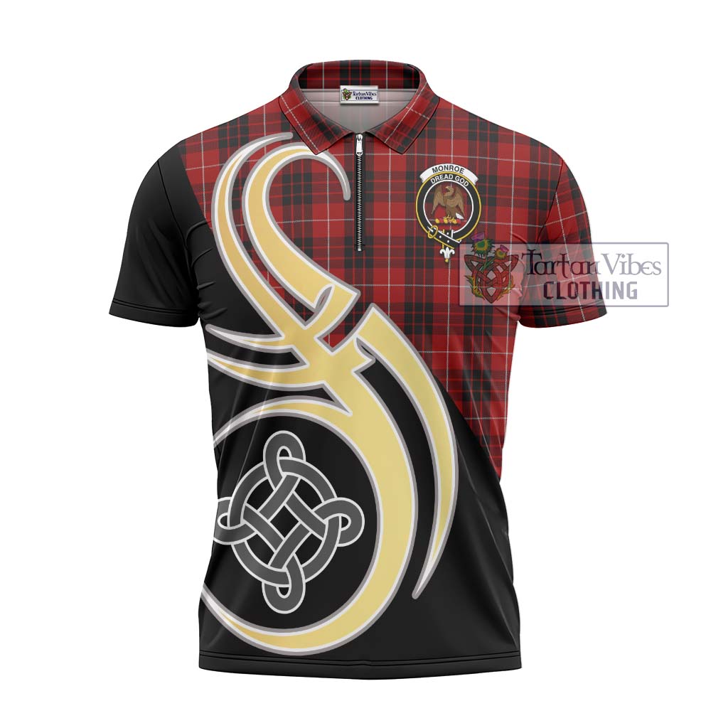 Tartan Vibes Clothing Monroe Black and Red Tartan Zipper Polo Shirt with Family Crest and Celtic Symbol Style