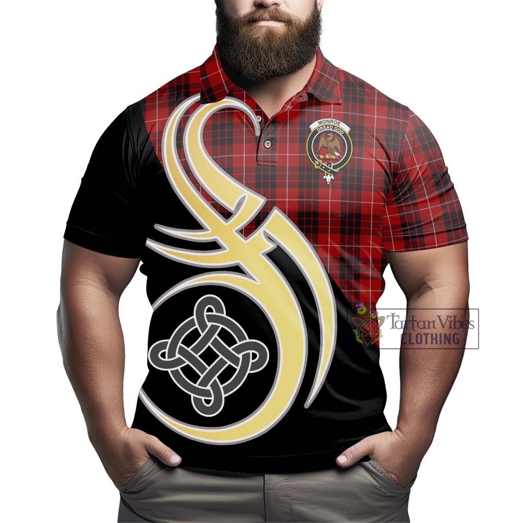 Tartan Vibes Clothing Monroe Black and Red Tartan Polo Shirt with Family Crest and Celtic Symbol Style