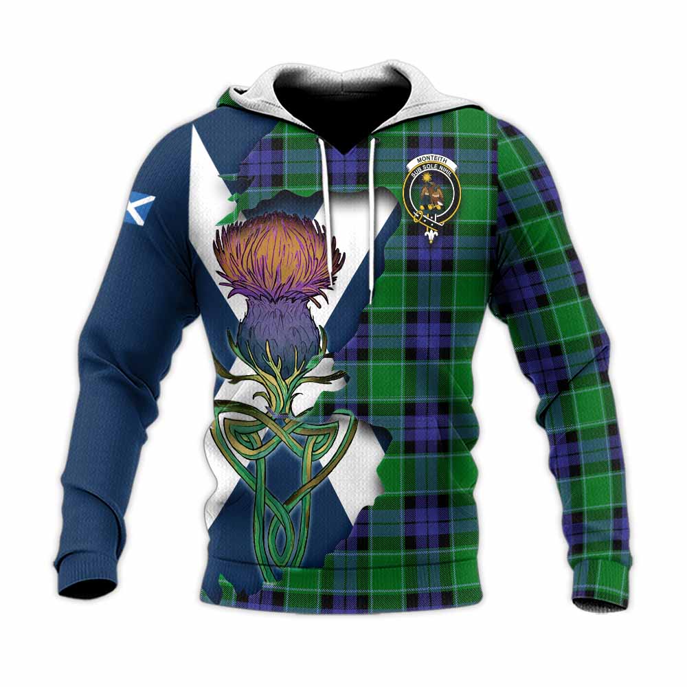 Monteith Tartan Family Crest Knitted Hoodie Scottish Thistle Celtic Inspired Unisex Knitted Pullover Hoodie - Tartan Vibes Clothing
