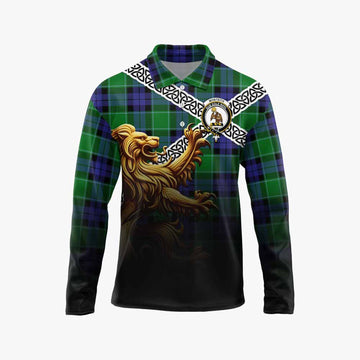 Monteith Crest Tartan Long Sleeve Polo Shirt with Golden Lion Emblem Celtic Style Unisex - Tartan Vibes Clothing