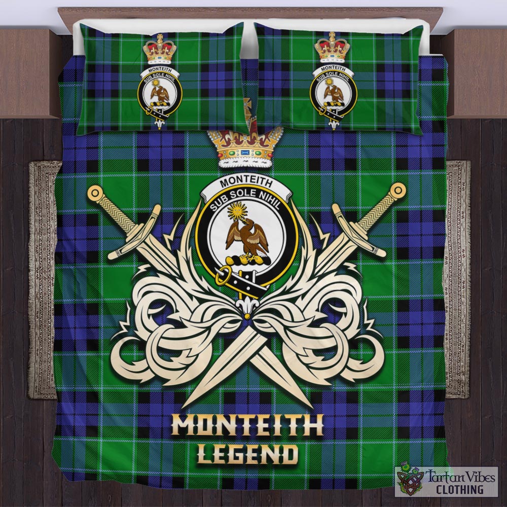 Tartan Vibes Clothing Monteith Tartan Bedding Set with Clan Crest and the Golden Sword of Courageous Legacy