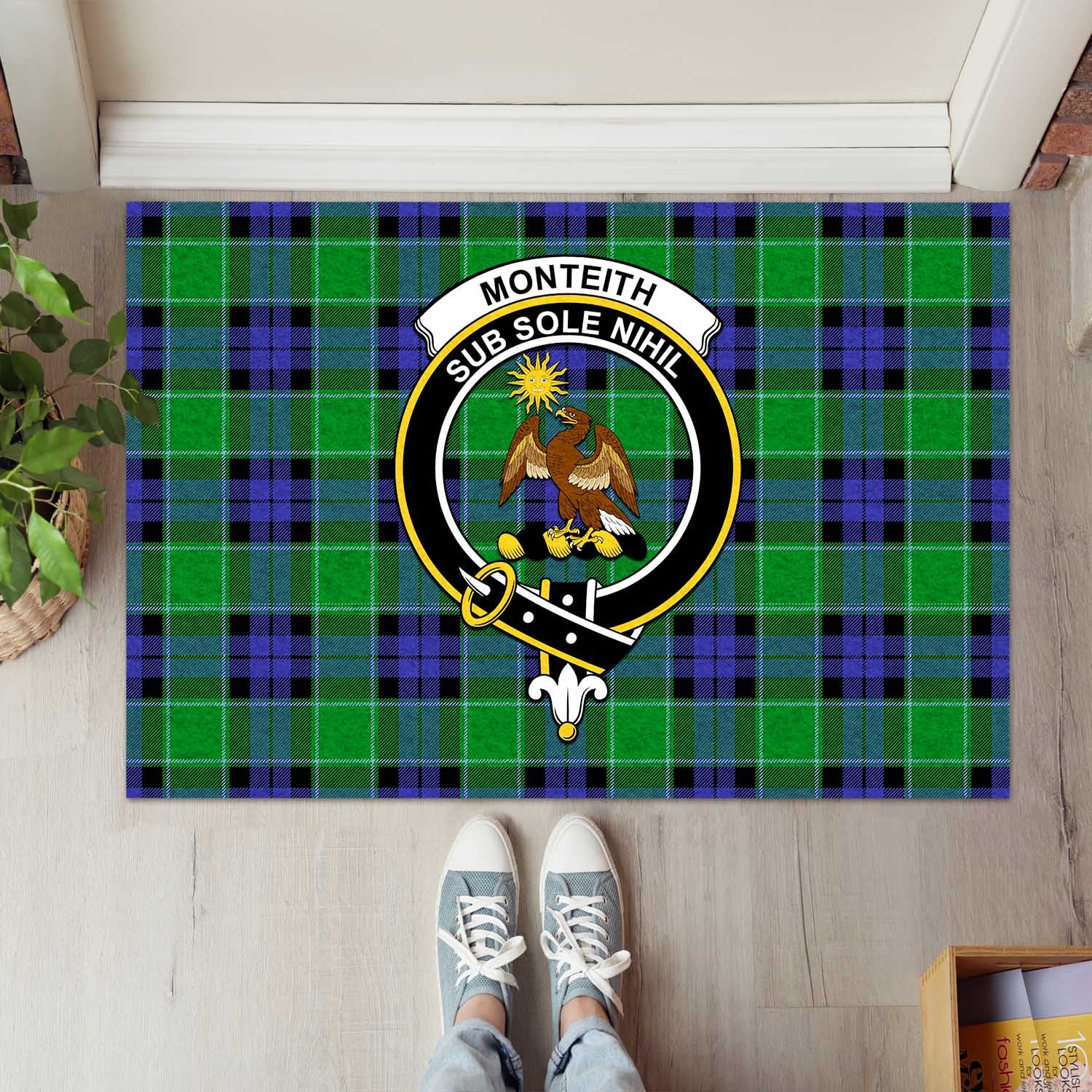 Monteith Tartan Door Mat with Family Crest - Tartanvibesclothing