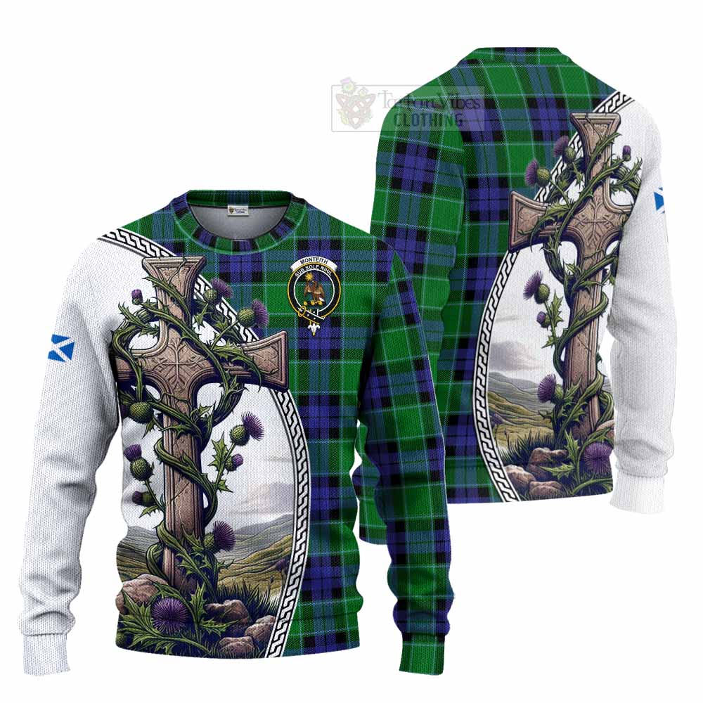 Tartan Vibes Clothing Monteith Tartan Knitted Sweater with Family Crest and St. Andrew's Cross Accented by Thistle Vines