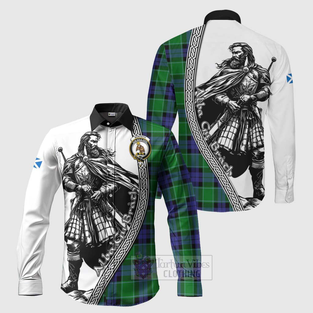 Tartan Vibes Clothing Monteith Tartan Clan Crest Long Sleeve Button Shirt with Highlander Warrior Celtic Style