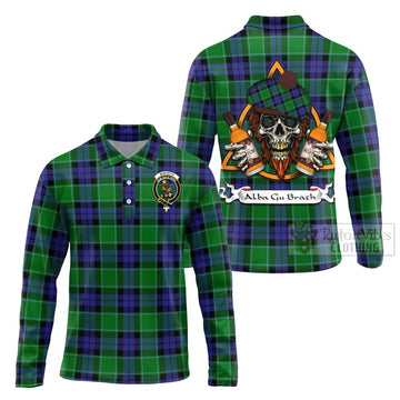 Monteith Tartan Long Sleeve Polo Shirt with Family Crest and Bearded Skull Holding Bottles of Whiskey Unisex - Tartan Vibes Clothing