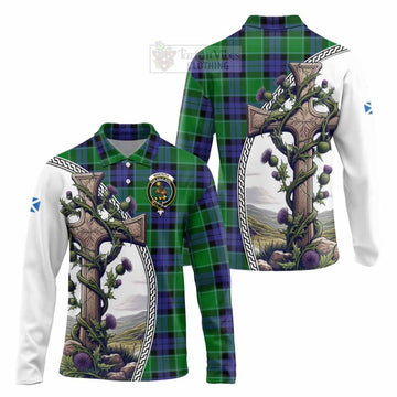Monteith Tartan Long Sleeve Polo Shirt with Family Crest and St. Andrew's Cross Accented by Thistle Vines Unisex - Tartan Vibes Clothing