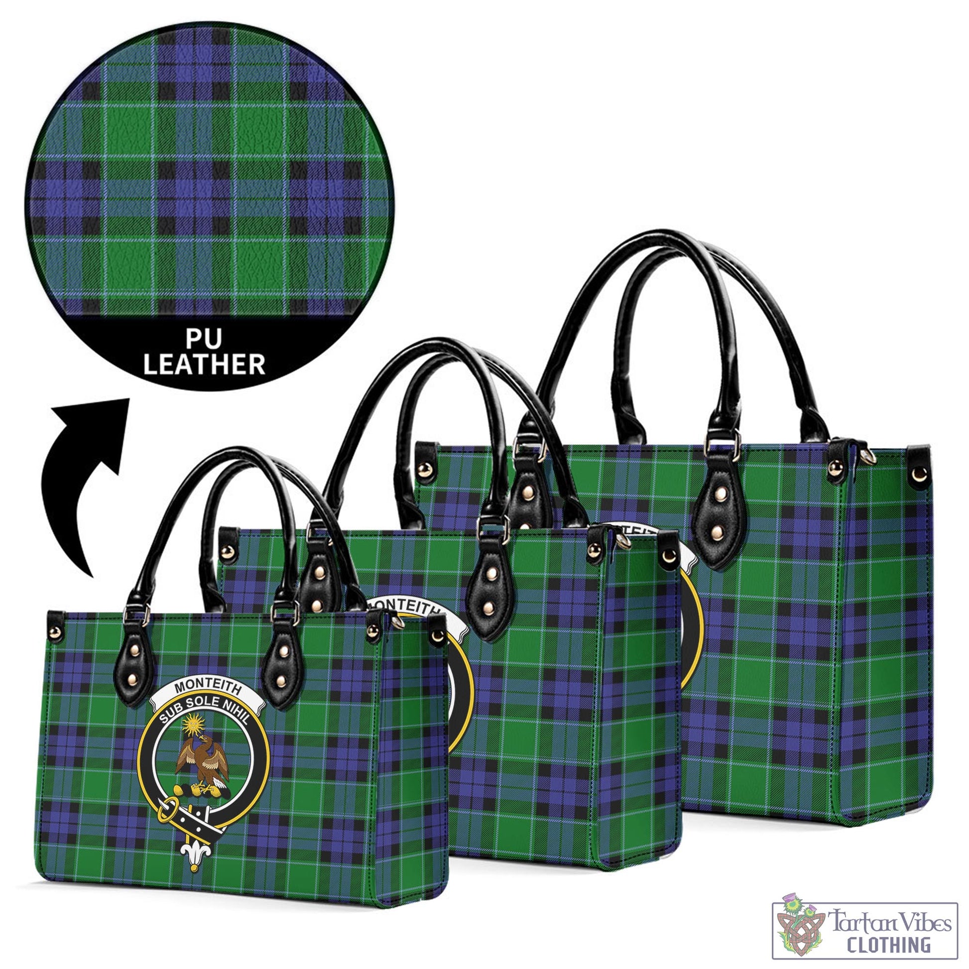 Tartan Vibes Clothing Monteith Tartan Luxury Leather Handbags with Family Crest