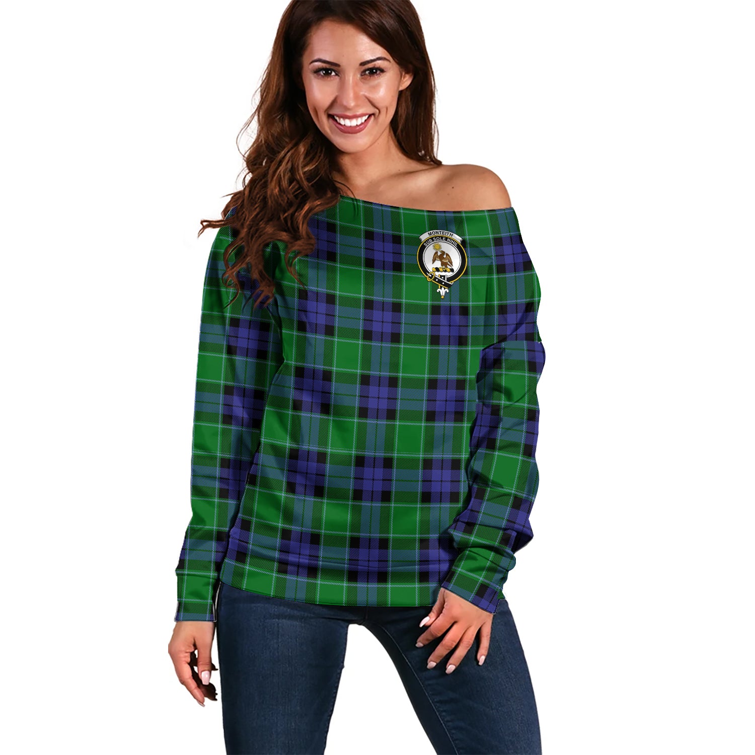 Monteith Tartan Off Shoulder Women Sweater with Family Crest Women - Tartanvibesclothing