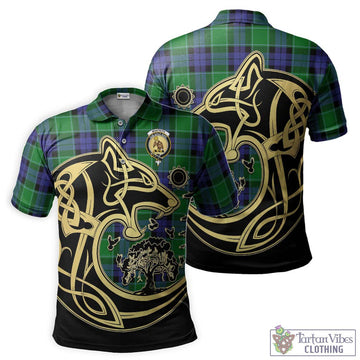 Monteith Tartan Polo Shirt with Family Crest Celtic Wolf Style