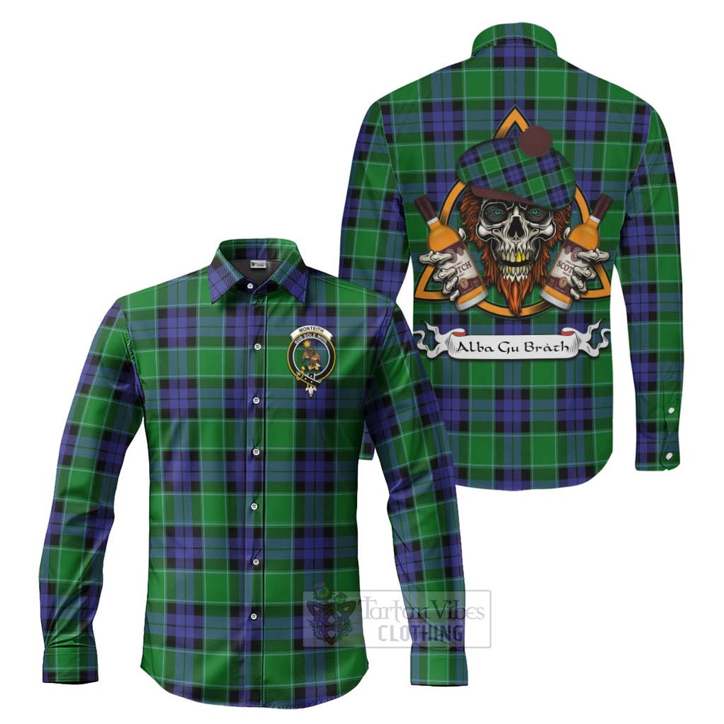 Tartan Vibes Clothing Monteith Tartan Long Sleeve Button Shirt with Family Crest and Bearded Skull Holding Bottles of Whiskey