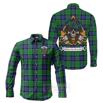 Monteith Tartan Long Sleeve Button Shirt with Family Crest and Bearded Skull Holding Bottles of Whiskey