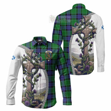 Monteith Tartan Long Sleeve Button Shirt with Family Crest and St. Andrew's Cross Accented by Thistle Vines